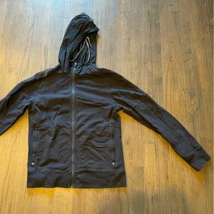 Great comfortable sweatshirt- with hood that is nylon.